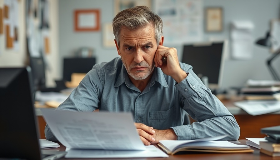 VA Loan Denial - Stressed man sitting at desk with documents.