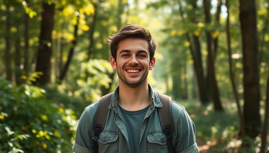 Man enjoying nature in a forest setting, smiling warmly.