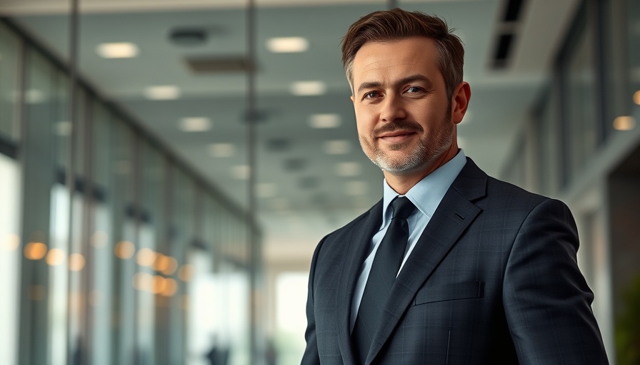 Businessman portraying success in modern office, Dow Jones record growth.