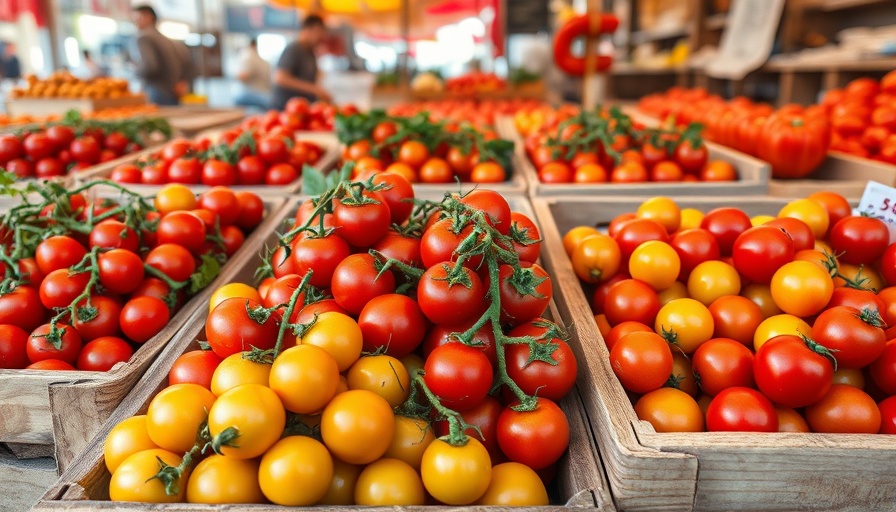 Fresh cherry tomatoes in crates at a marketplace, highlighting digital traceability in grocery supply chain.
