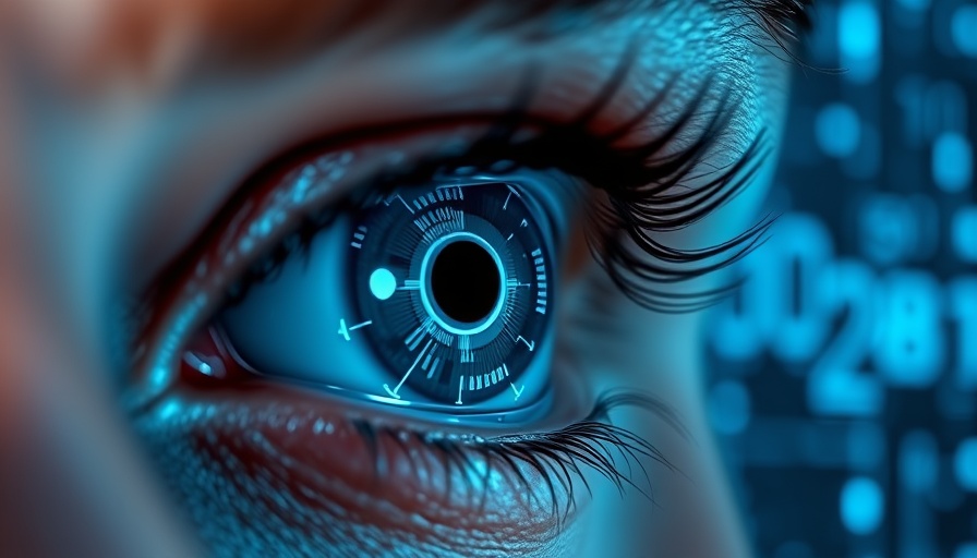 Close-up of eye reflecting digital interface, symbolizing Soracom 10 years of growth in IoT and AI.