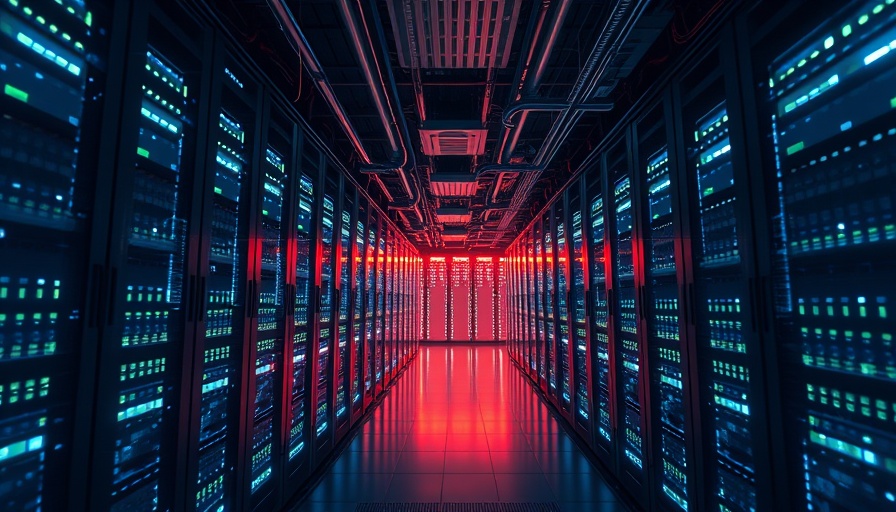Futuristic glowing servers in a cloud mining farm.