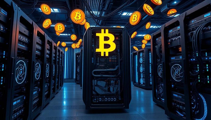 Advanced bitcoin mining rigs in a futuristic server room.