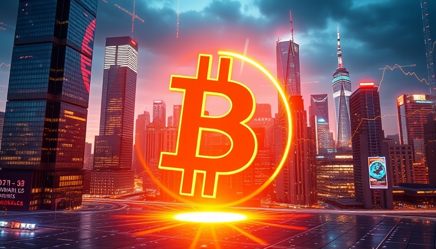 Bitcoin symbol art showing potential value increase in a futuristic cityscape.