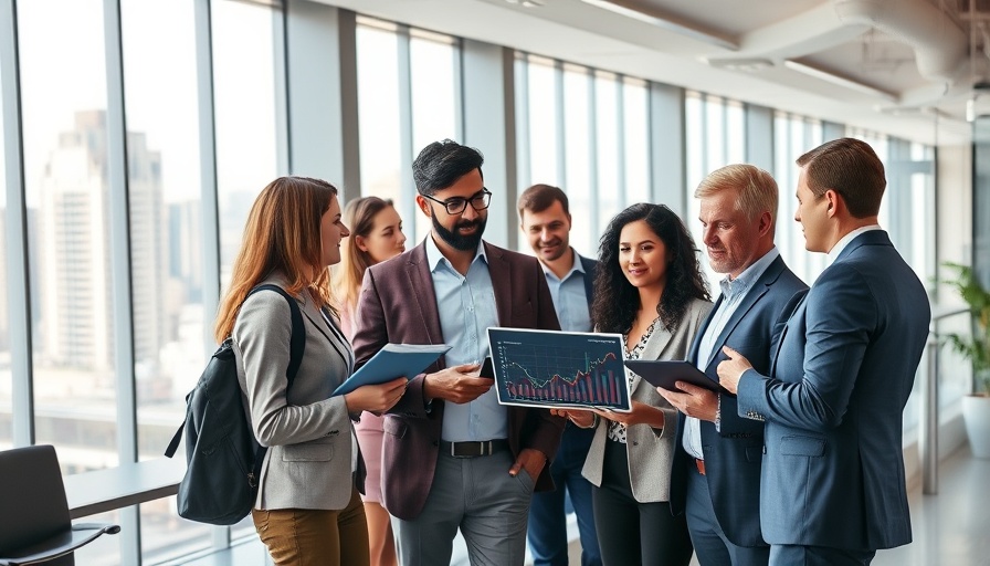 Modern office with professionals discussing technology sales in hospitality businesses.