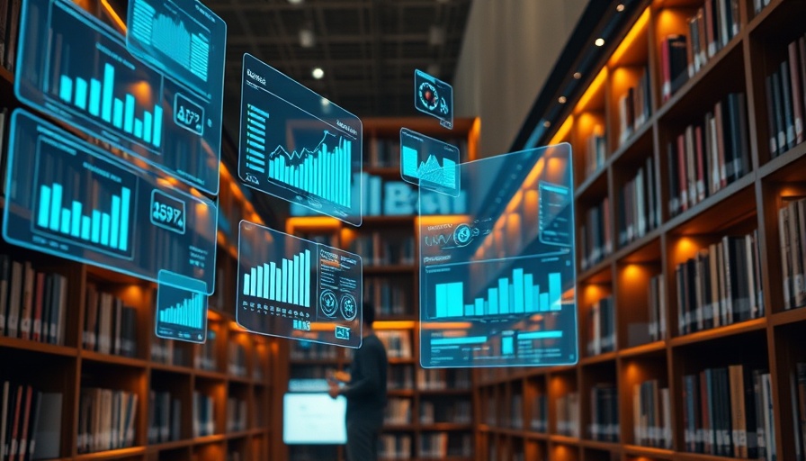 Digital Information Management in a modern library setting with virtual screens.