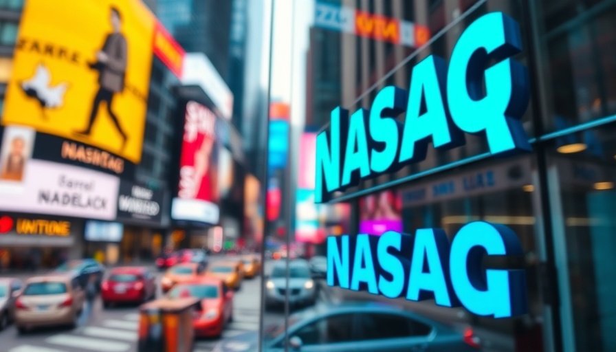 Blurred cityscape featuring NASDAQ logo, equities tick higher