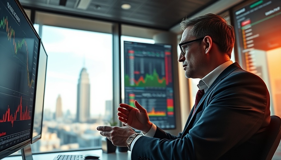 Entrepreneur analyzing TSX market fluctuations on office screens.