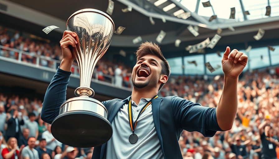 College athlete celebrating NIL money with trophy and cash backdrop.
