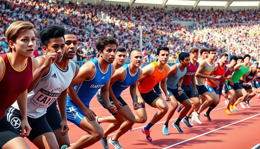 Diverse athletes ready for race on track, emphasizing sports inclusion.