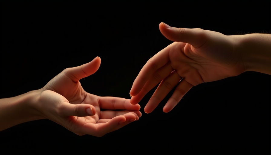 Empathy expressed through reaching hands in soft lighting.