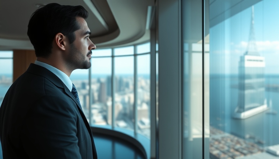 CEO gazing out window, symbolizing confidence and opportunity.