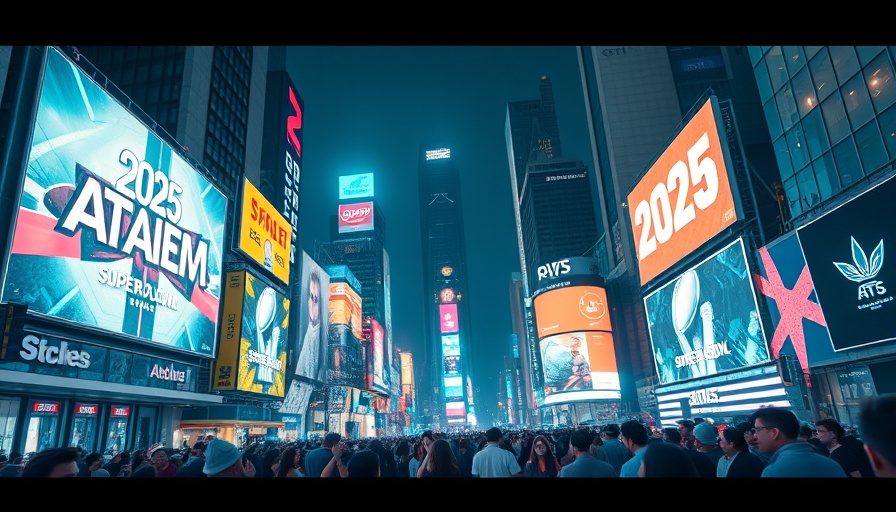 Futuristic scene with 2025 Super Bowl ads on holographic displays.