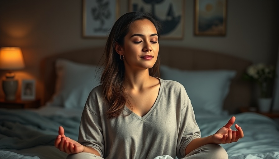 Woman practicing mindfulness for better sleep in dimly lit room.