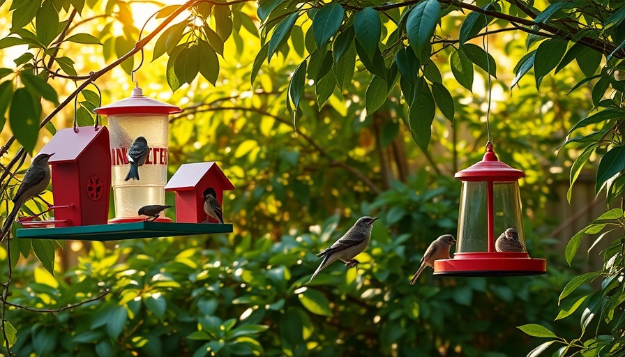 Colorful bird feeders in a sunny backyard with feeding birds, promoting community.