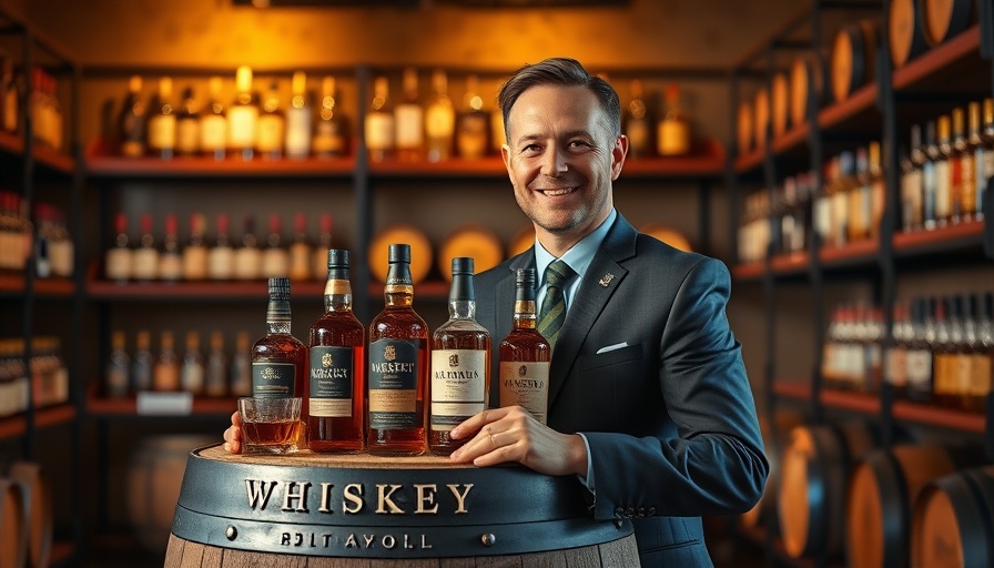 Man showcasing whiskey collection for investing in a whiskey-themed room.