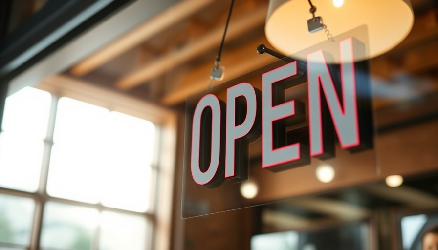 Business open sign on glass door reflecting wooden beams.
