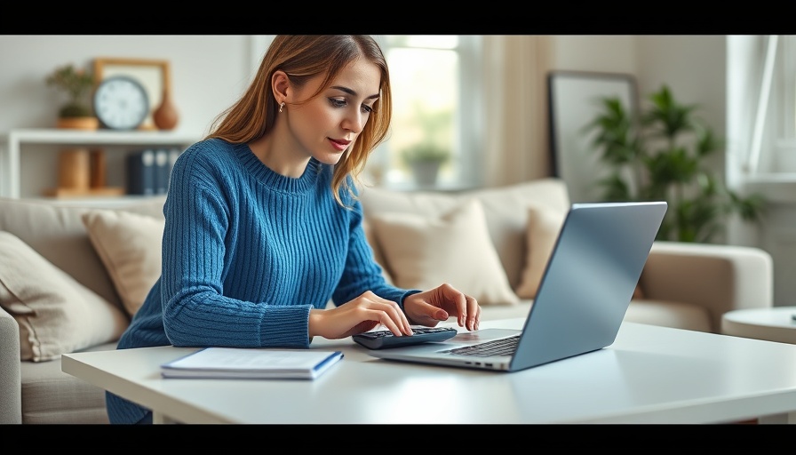 Young woman budgeting with laptop and calculator in a cozy living room.