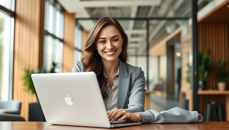 Confident woman in modern office working on laptop, recession-proof jobs.