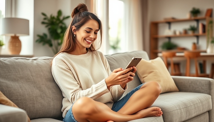 Woman practicing mindful spending on a smartphone, relaxing on a couch.