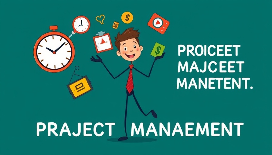 Project management skills visualized with stick figure juggling items highlighting business growth.