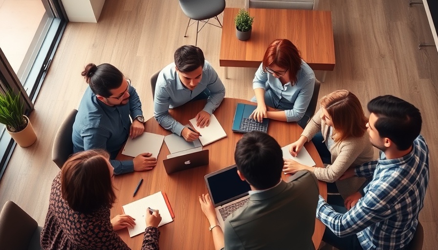 Diverse team collaborating at a round table in a modern office.