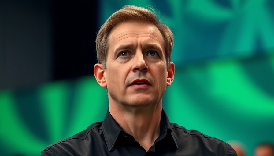 Serious male figure in black shirt speaks against green and blue backdrop.