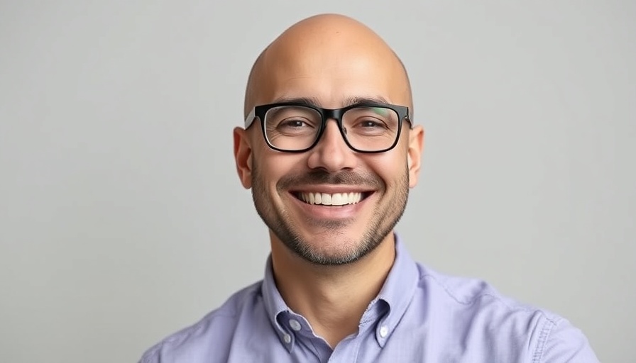 Portrait of a smiling bald man with glasses in a light purple shirt.