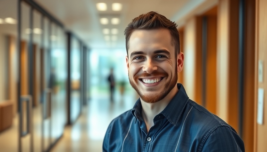 Smiling young man standing confidently in an office environment