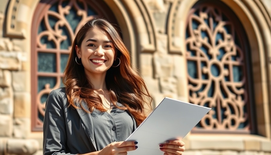 Felicity Primrose holding document, standing outside a stone building.