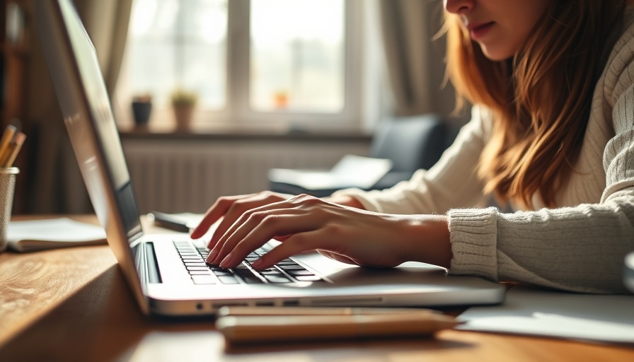 Woman typing on laptop, sunlit desk, debunking retirement myths.