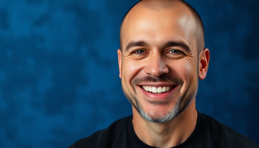 Portrait of a smiling man in a black shirt with a blue background.