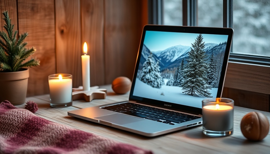 Cozy workspace with laptop displaying scenic images, candle, winter decor; Best Fast and Secure Hosting for WordPress Sites