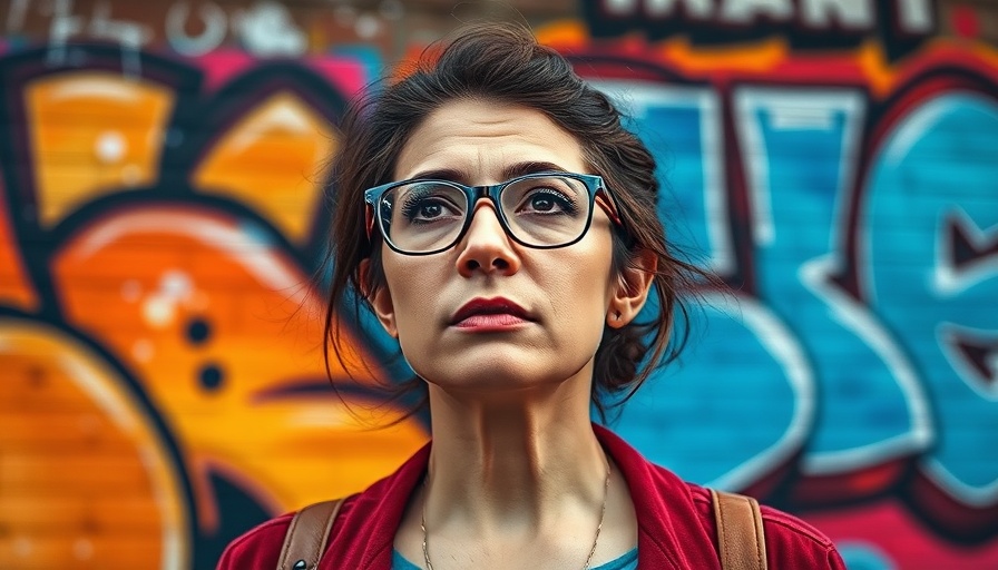 Thoughtful woman with glasses by graffiti mural, highlighting Girl Scout Cookies history.