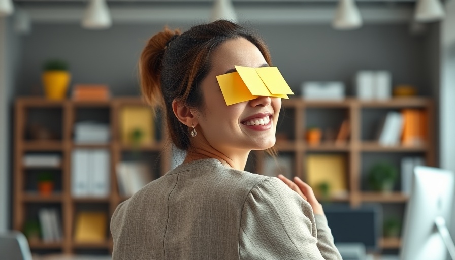 Professional woman in an office combating burnout with sticky notes on eyes.