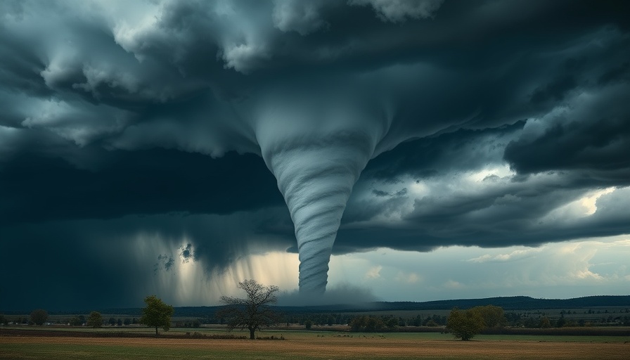 Intense tornado in rural landscape, illustrating tornado damage insurance.