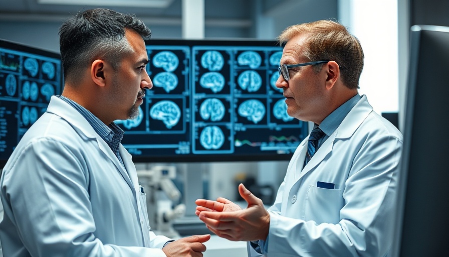 Two scientists examining brain scans in a lab.