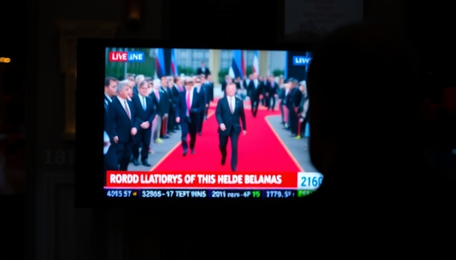 Blurry image of a man watching US-Russia summit news on TV with financial tickers.