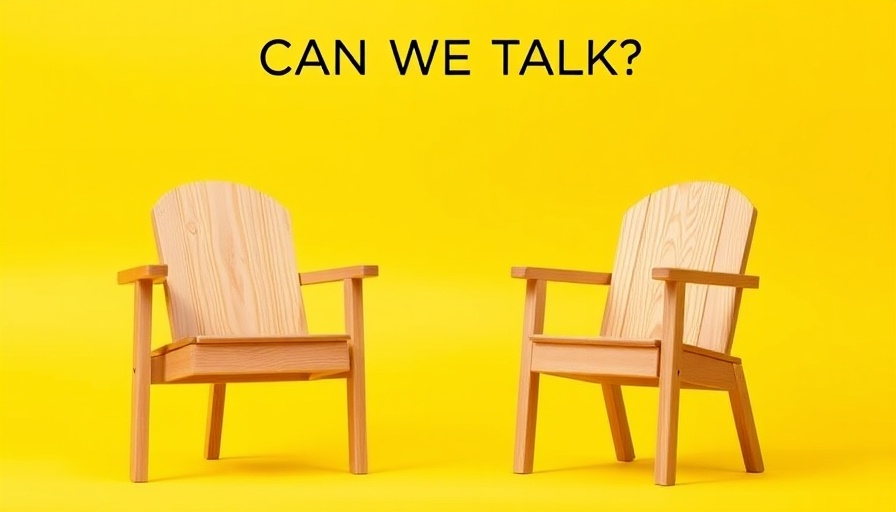 Wooden chairs facing each other on yellow background with 'Can we talk?' text.