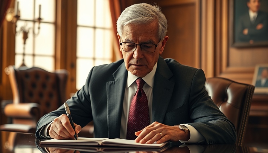 Man signing documents in office related to Trump's tariff policies.