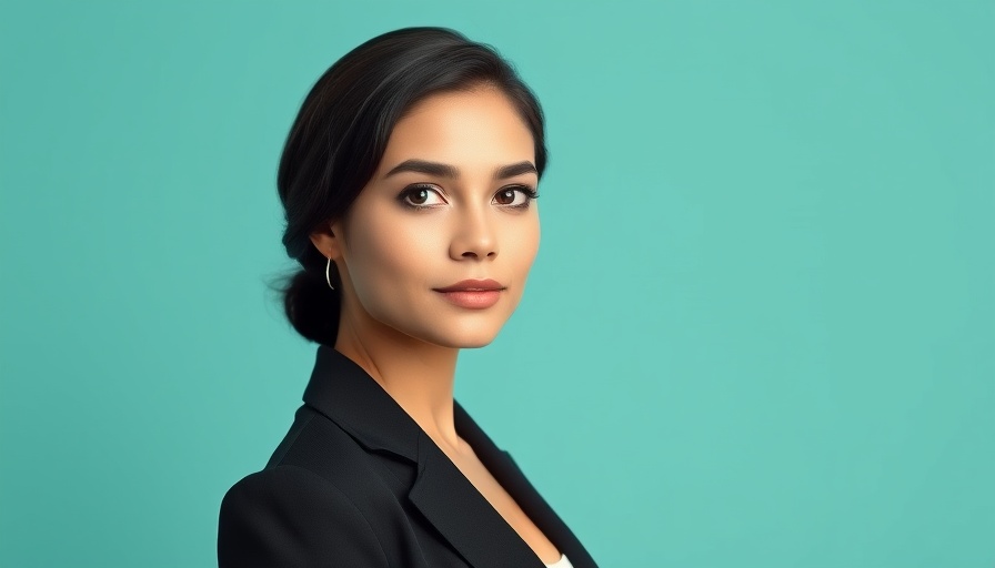 Professional woman in black blazer against teal background, studio portrait.