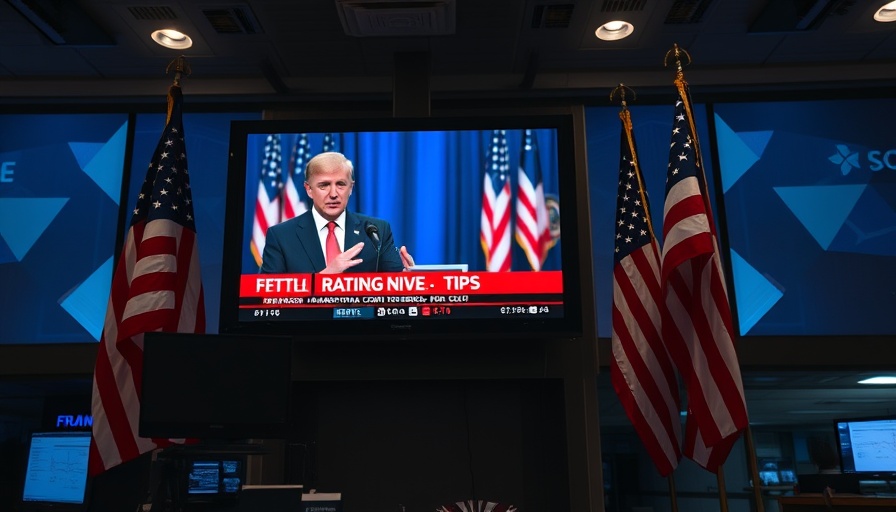 Financial advisors nervously observing news in dimly lit office.