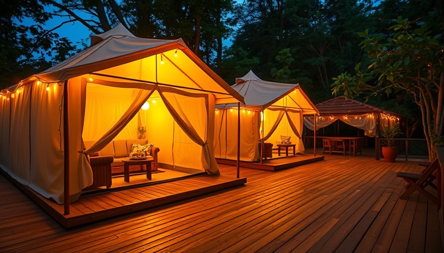 Illuminated tents on a wooden deck for windy outdoor events, showcasing tent materials and anchoring techniques.