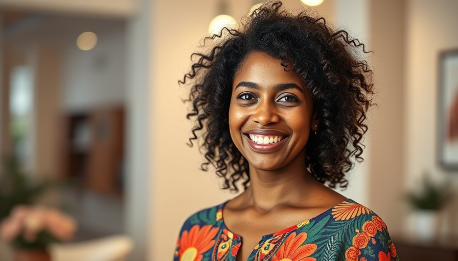 Woman with curly hair smiling indoors, colorful top.