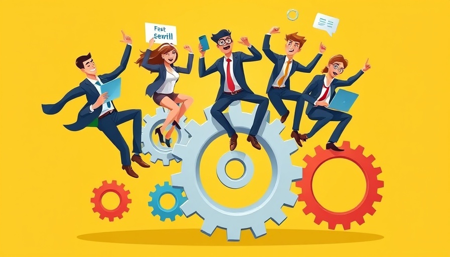 Empower teams through aligned autonomy illustration with gears and professionals.