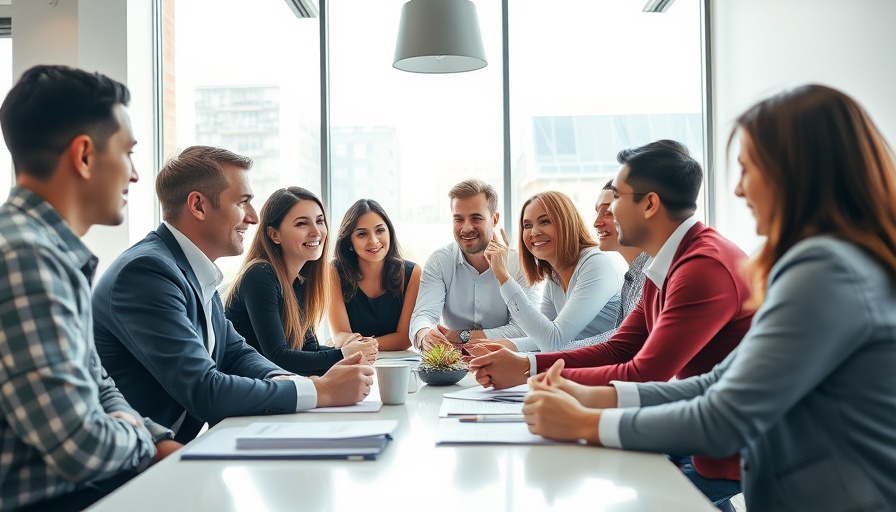 Diverse team discusses strategy in a bright, open office setting.