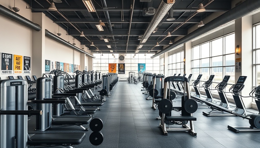Spacious gym with workout machines, bright lighting.