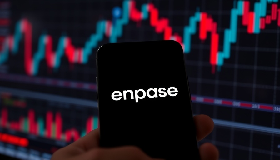Enphase Energy logo on phone with stock market chart backdrop