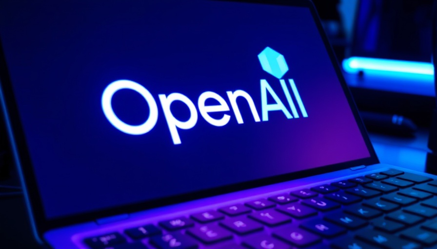 Glowing OpenAI logo on screen over keyboard, neon lighting.