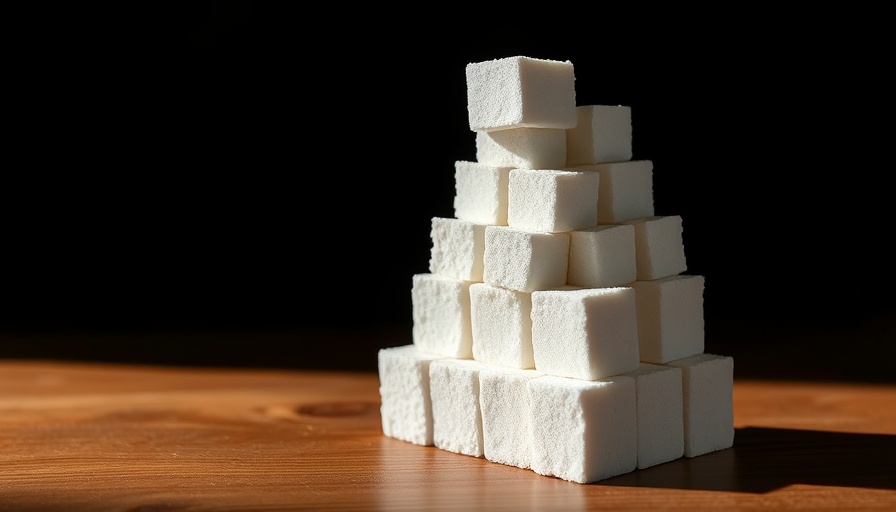 Stacked sugar cube pyramid on wood surface, sugar market export trends.